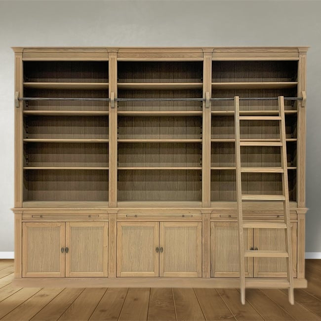 Bücherregal Melena del Sur - 300x43x240H cm - Eiche - mit Stange und Leiter - 15 Fachböden - 3 ausziehbare Fachböden - 6 geschlossene Flügeltüren - verstellbare Fachböden