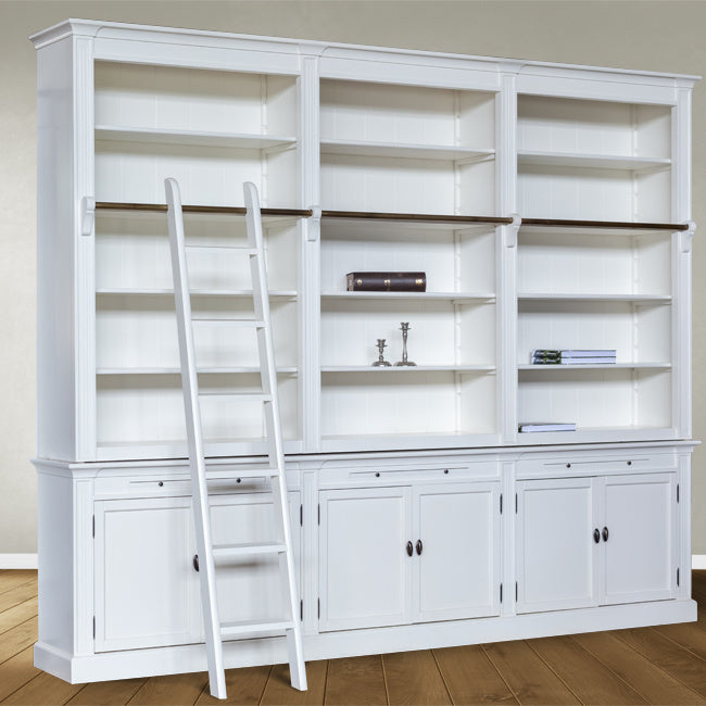 Bücherregal Melena del Sur - 300x40x240H cm - mit Stange und Leiter - 15 Fachböden - 3 ausziehbare Fachböden - 6 geschlossene Flügeltüren - verstellbare Fachböden