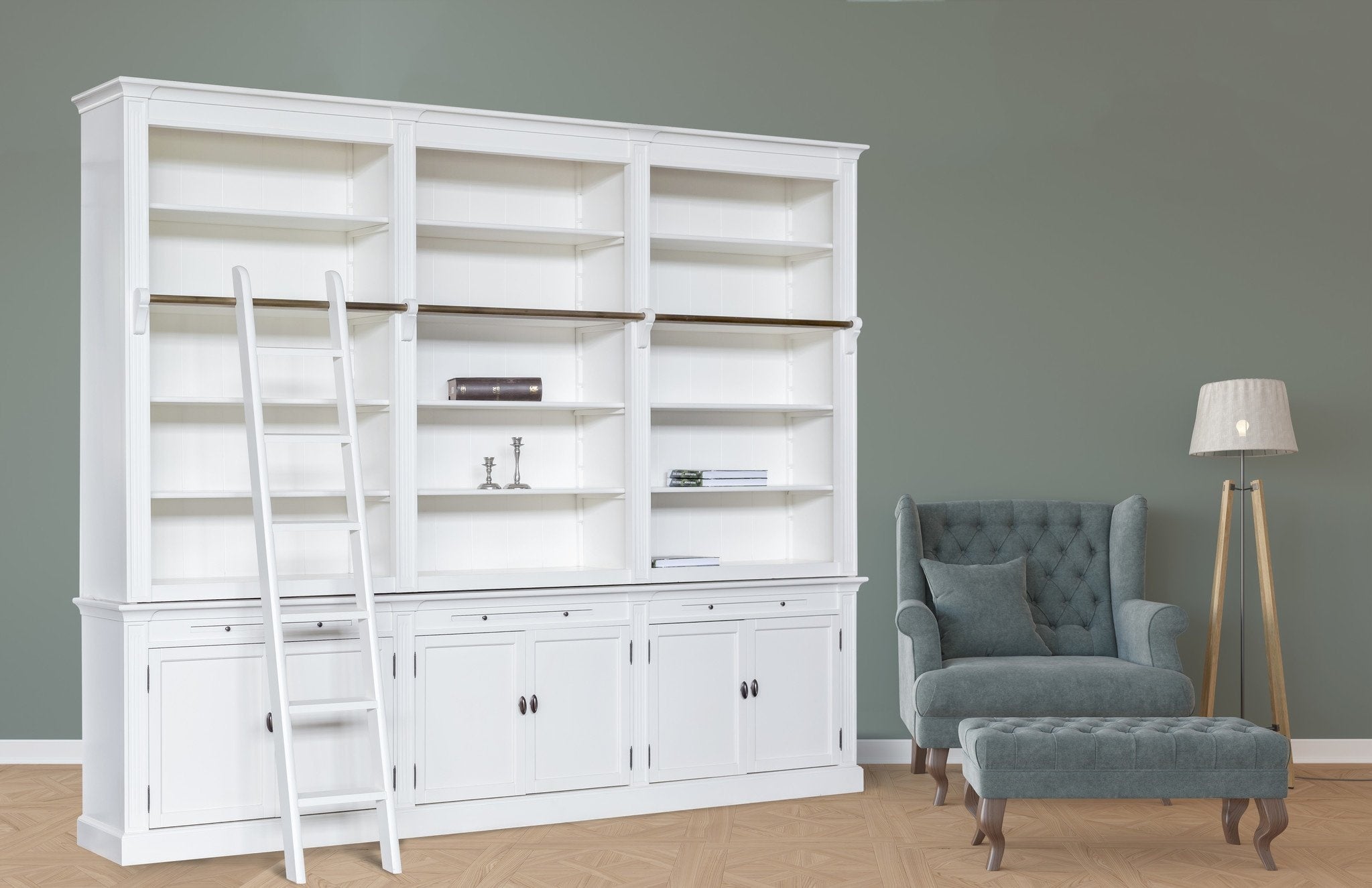 Bücherregal Melena del Sur - 300x40x240H cm - mit Stange und Leiter - 15 Fachböden - 3 ausziehbare Fachböden - 6 geschlossene Flügeltüren - verstellbare Fachböden