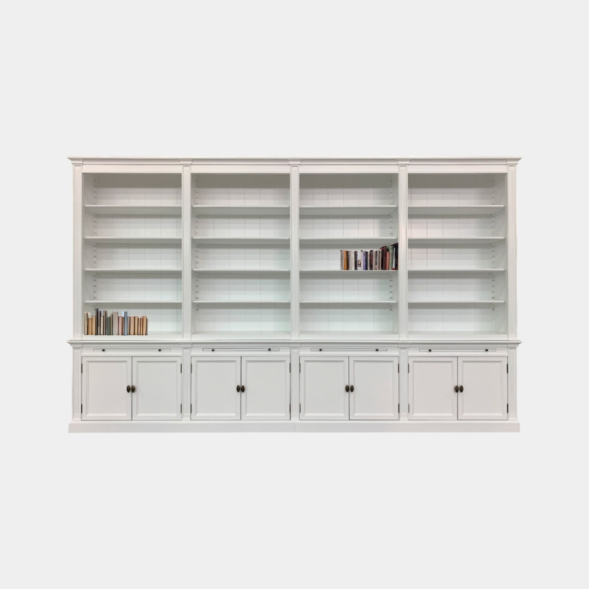 Bücherregal Melena del Sur - 400x43x240H cm - 20 Fachböden - 2 ausziehbare Fachböden - 8 geschlossene Flügeltüren - verstellbare Fachböden