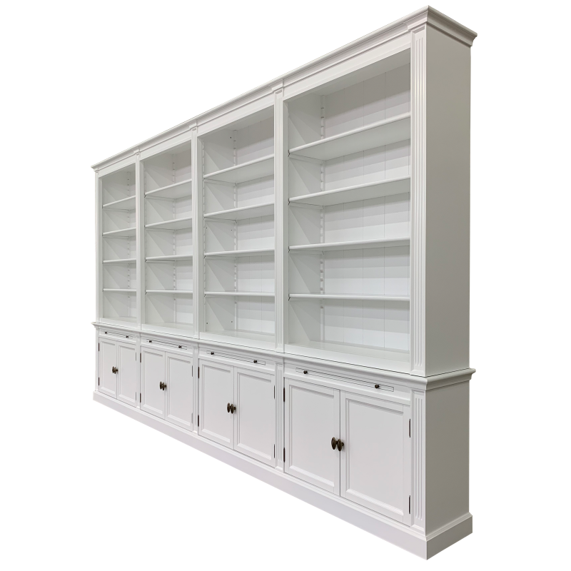 Bücherregal Melena del Sur - 400x43x240H cm - 20 Fachböden - 2 ausziehbare Fachböden - 8 geschlossene Flügeltüren - verstellbare Fachböden