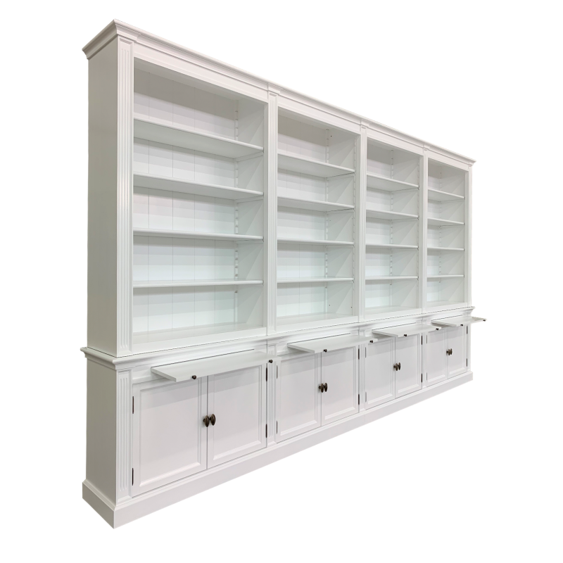 Bücherregal Melena del Sur - 400x43x240H cm - 20 Fachböden - 2 ausziehbare Fachböden - 8 geschlossene Flügeltüren - verstellbare Fachböden