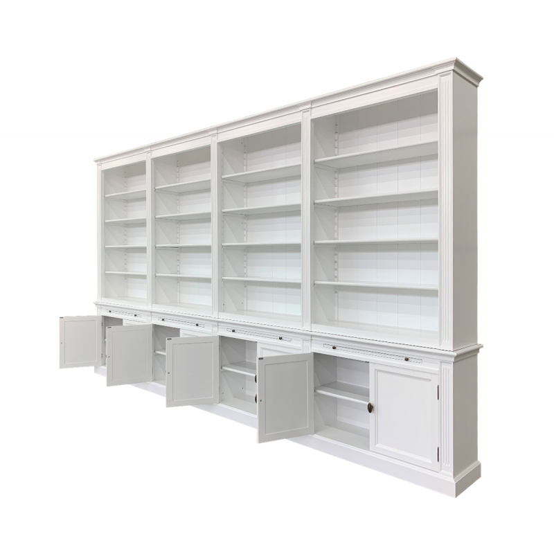 Bücherregal Melena del Sur - 400x43x240H cm - 20 Fachböden - 2 ausziehbare Fachböden - 8 geschlossene Flügeltüren - verstellbare Fachböden