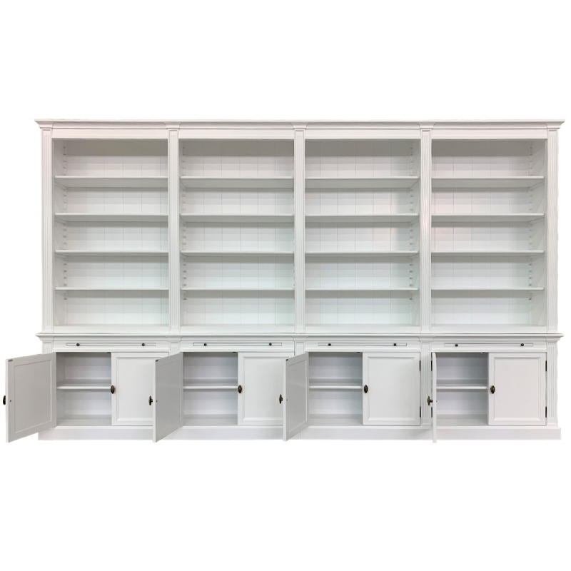Bücherregal Melena del Sur - 400x43x240H cm - 20 Fachböden - 2 ausziehbare Fachböden - 8 geschlossene Flügeltüren - verstellbare Fachböden