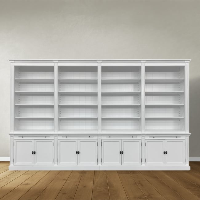 Bücherregal Melena del Sur - 400x43x240H cm - 20 Fachböden - 2 ausziehbare Fachböden - 8 geschlossene Flügeltüren - verstellbare Fachböden