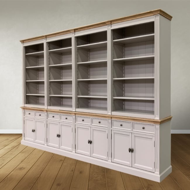 Bücherregal Modern Library - 400x43x240H cm - mit Eichenplatte und Mittelrahmen - 8 Flügeltüren - 8 Schubladen - verstellbare Einlegeböden
