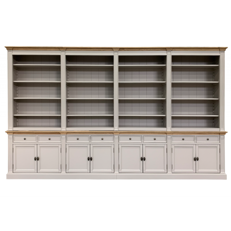 Bücherregal Modern Library - 400x43x240H cm - mit Eichenplatte und Mittelrahmen - 8 Flügeltüren - 8 Schubladen - verstellbare Einlegeböden