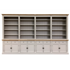 Bücherregal Modern Library - 400x43x240H cm - mit Eichenplatte und Mittelrahmen - 8 Flügeltüren - 8 Schubladen - verstellbare Einlegeböden