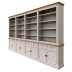 Bücherregal Modern Library - 400x43x240H cm - mit Eichenplatte und Mittelrahmen - 8 Flügeltüren - 8 Schubladen - verstellbare Einlegeböden