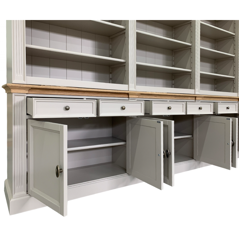 Bücherregal Modern Library - 400x43x240H cm - mit Eichenplatte und Mittelrahmen - 8 Flügeltüren - 8 Schubladen - verstellbare Einlegeböden