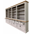 Bücherregal Modern Library - 400x43x240H cm - mit Eichenplatte und Mittelrahmen - 8 Flügeltüren - 8 Schubladen - verstellbare Einlegeböden