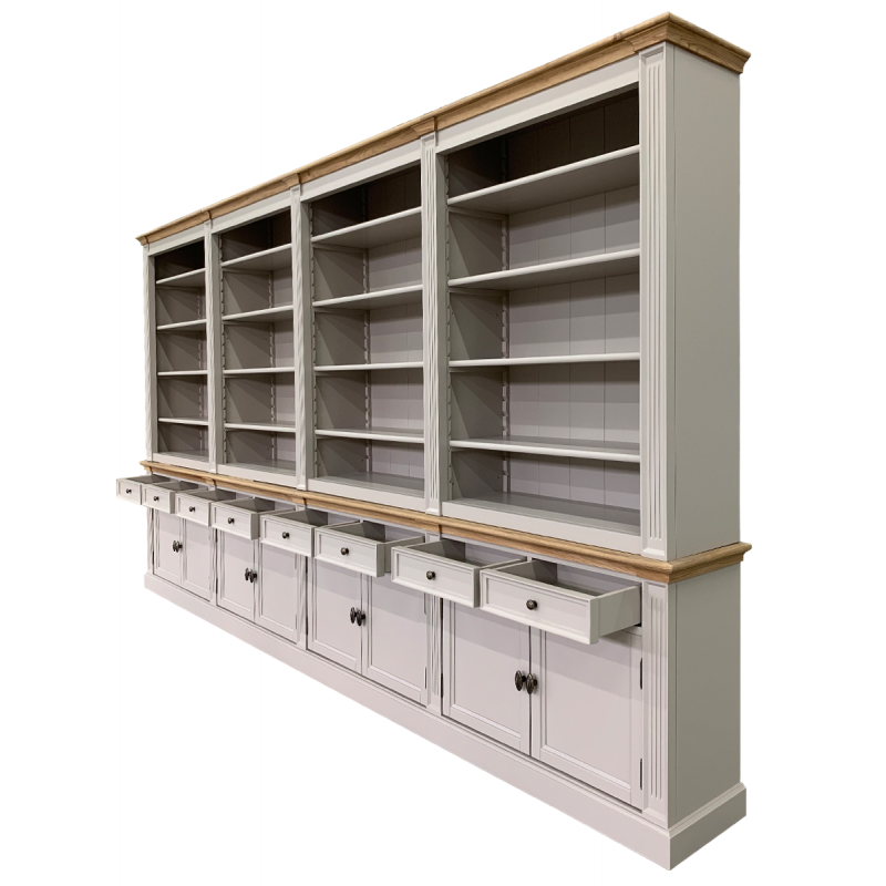 Bücherregal Modern Library - 400x43x240H cm - mit Eichenplatte und Mittelrahmen - 8 Flügeltüren - 8 Schubladen - verstellbare Einlegeböden