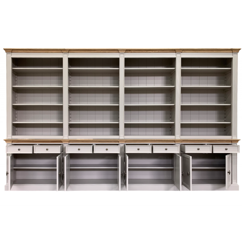 Bücherregal Modern Library - 400x43x240H cm - mit Eichenplatte und Mittelrahmen - 8 Flügeltüren - 8 Schubladen - verstellbare Einlegeböden