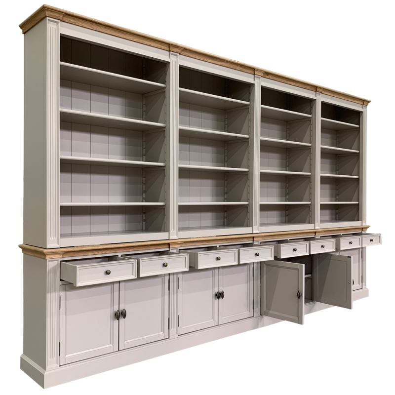 Bücherregal Modern Library - 400x43x240H cm - mit Eichenplatte und Mittelrahmen - 8 Flügeltüren - 8 Schubladen - verstellbare Einlegeböden