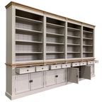 Bücherregal Modern Library - 400x43x240H cm - mit Eichenplatte und Mittelrahmen - 8 Flügeltüren - 8 Schubladen - verstellbare Einlegeböden