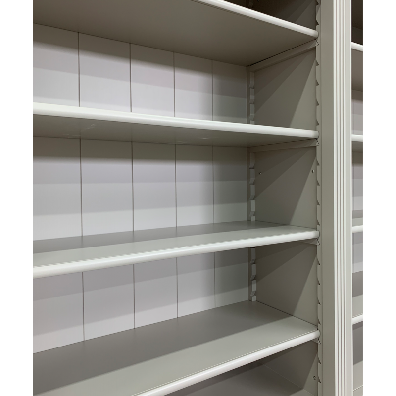 Bücherregal Modern Library - 400x43x240H cm - mit Eichenplatte und Mittelrahmen - 8 Flügeltüren - 8 Schubladen - verstellbare Einlegeböden