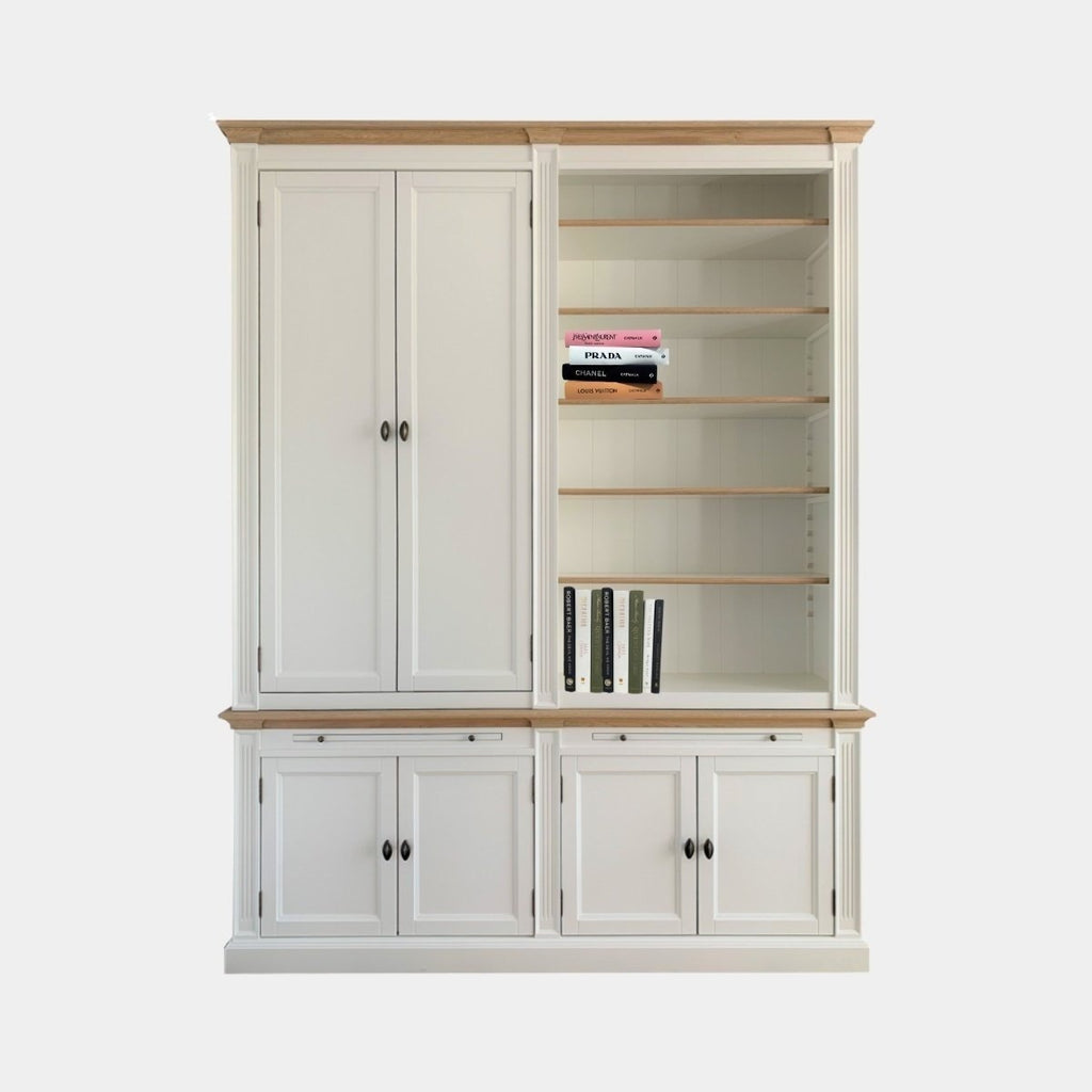 Bücherregal Moon - 200x43x240H cm - mit Eiche - 6 geschlossene Flügeltüren - 2 ausziehbare Fachböden - verstellbare Fachböden