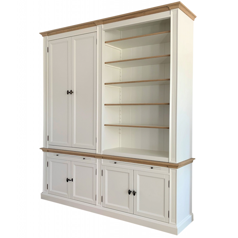 Bücherregal Moon - 200x43x240H cm - mit Eiche - 6 geschlossene Flügeltüren - 2 ausziehbare Fachböden - verstellbare Fachböden