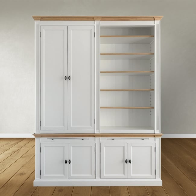 Bücherregal Moon - 200x43x240H cm - mit Eiche - 6 geschlossene Flügeltüren - 2 ausziehbare Fachböden - verstellbare Fachböden