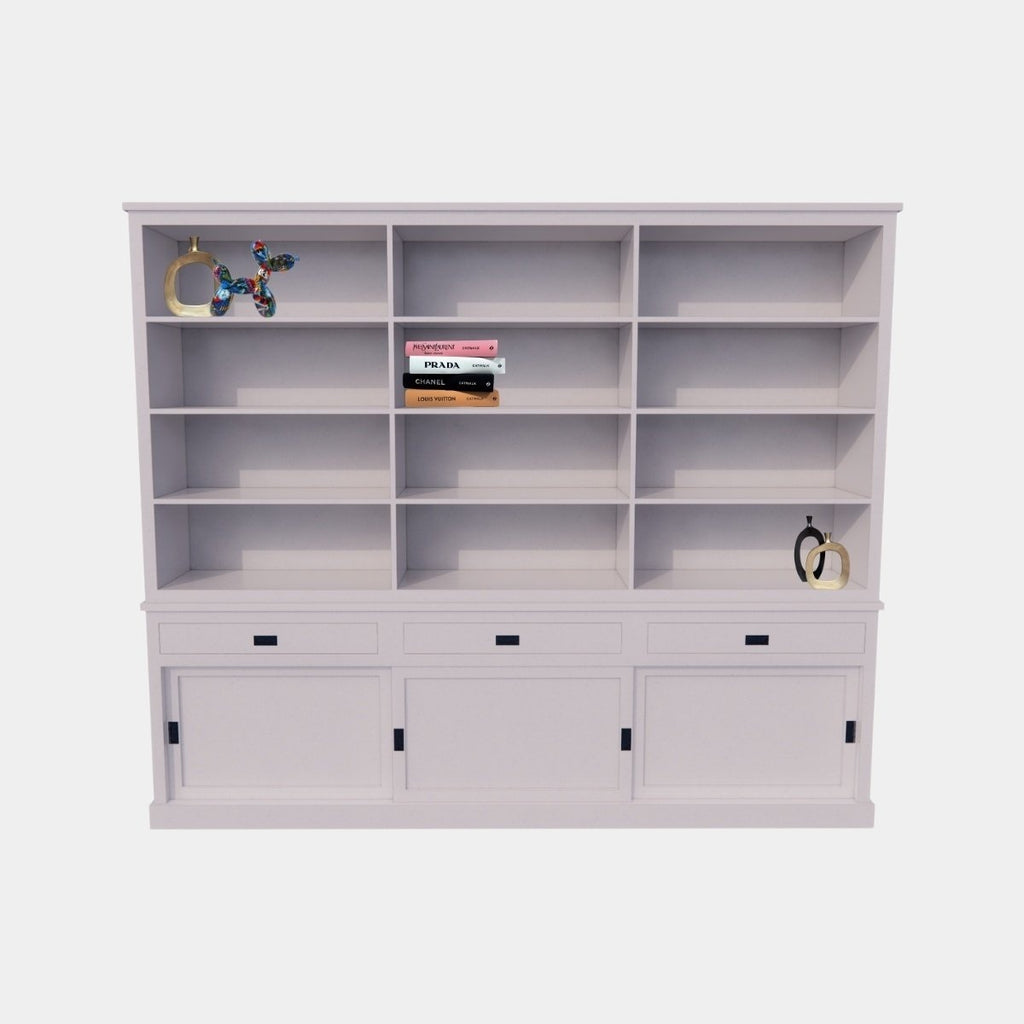 Bücherregal New York - 300x40x230H cm - elegantes Bücherregal - 3 Soft-Close-Schubladen - 3 Schiebetüren - verstellbare Einlegeböden