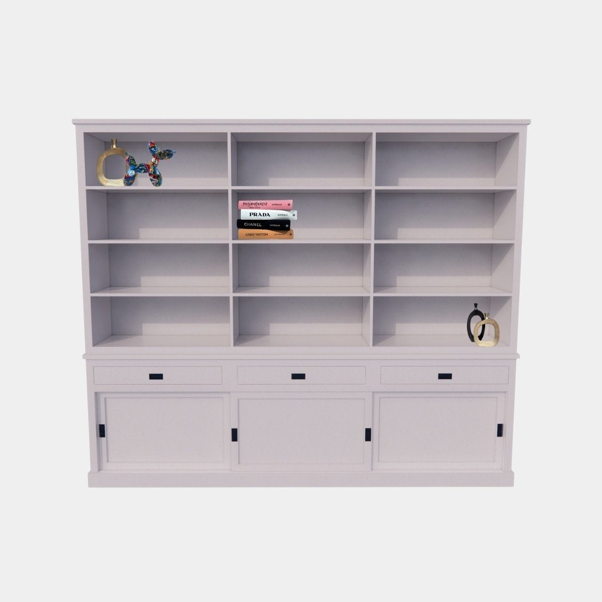 Bücherregal New York - 300x40x230H cm - elegantes Bücherregal - 3 Soft-Close-Schubladen - 3 Schiebetüren - verstellbare Einlegeböden