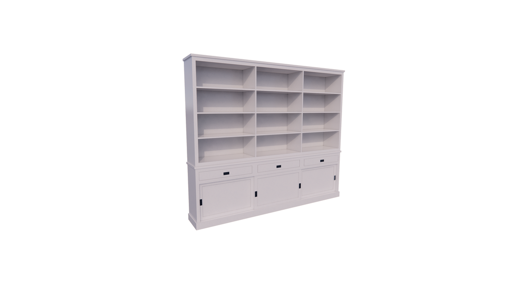 Bücherregal New York - 300x40x230H cm - elegantes Bücherregal - 3 Soft-Close-Schubladen - 3 Schiebetüren - verstellbare Einlegeböden
