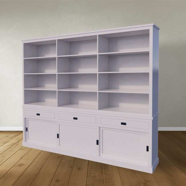 Bücherregal New York - 300x40x230H cm - elegantes Bücherregal - 3 Soft-Close-Schubladen - 3 Schiebetüren - verstellbare Einlegeböden