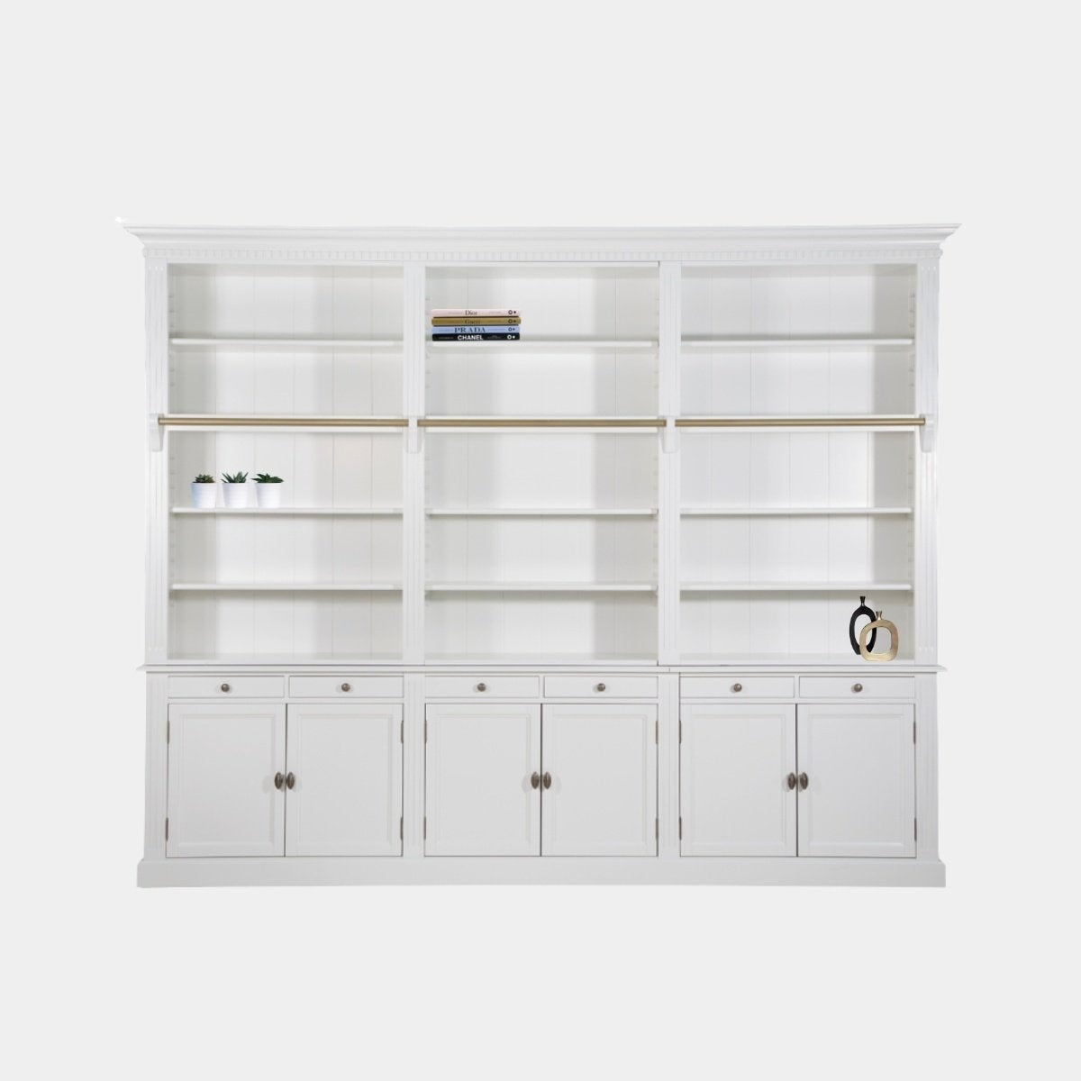 Privatbibliothek - Bücherregal - 300x43x240H cm - mit Stange und Leiter - verstellbare Einlegeböden - 15 Einlegeböden - 6 Schubladen - 6 geschlossene Flügeltüren