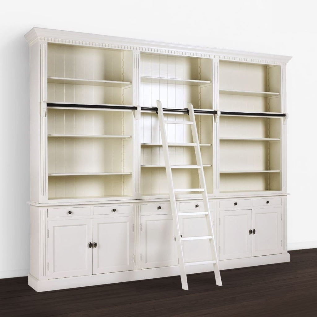 Privatbibliothek - Bücherregal - 300x43x240H cm - mit Stange und Leiter - verstellbare Einlegeböden - 15 Einlegeböden - 6 Schubladen - 6 geschlossene Flügeltüren