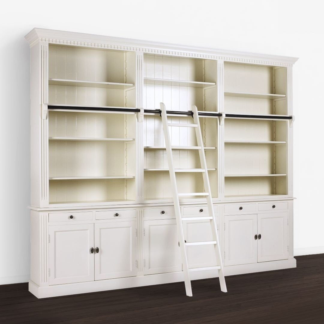 Privatbibliothek - Bücherregal - 300x43x240H cm - mit Stange und Leiter - verstellbare Einlegeböden - 15 Einlegeböden - 6 Schubladen - 6 geschlossene Flügeltüren