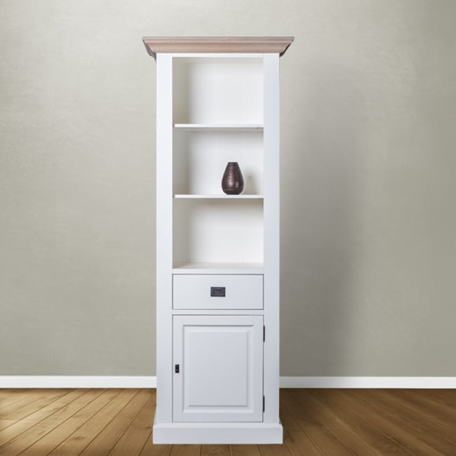 Bücherregal Sara 06 - 76x46x206H cm - Rahmen aus Eichenholz - 2 Einlegeböden - 1 Soft-Close-Schublade - 1 geschlossene Flügeltür