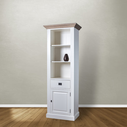 Bücherregal Sara 06 - 76x46x206H cm - Rahmen aus Eichenholz - 2 Einlegeböden - 1 Soft-Close-Schublade - 1 geschlossene Flügeltür