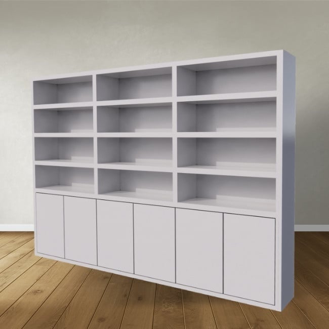 Bücherregal / Regalschrank Stellenbosch - 300x40x220H cm - schlankes Design - 6 grifflose Türen - offene Regale
