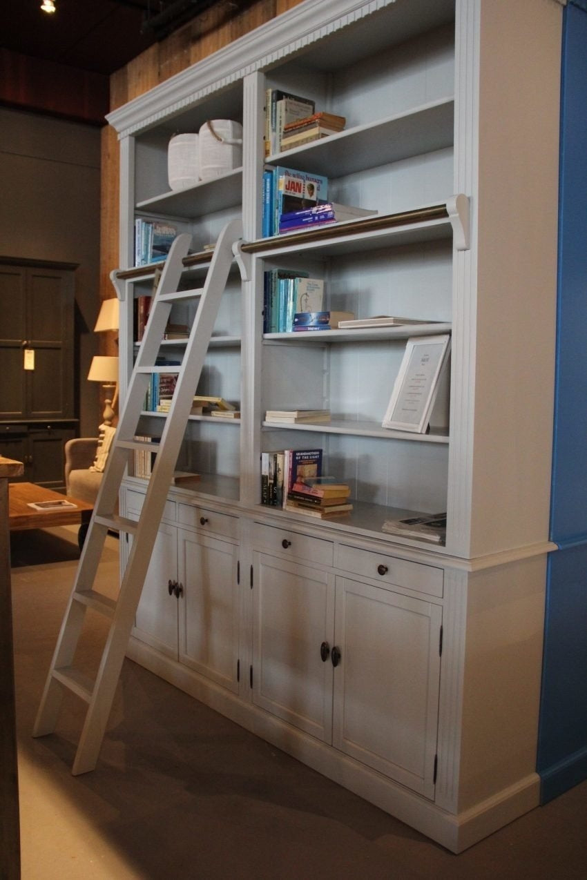 Privatbibliothek - Bücherregal - 200x43x240H cm - zerlegbar - mit Stange und Leiter - verstellbare Einlegeböden - 10 Einlegeböden - 4 Schubladen - 4 geschlossene Flügeltüren