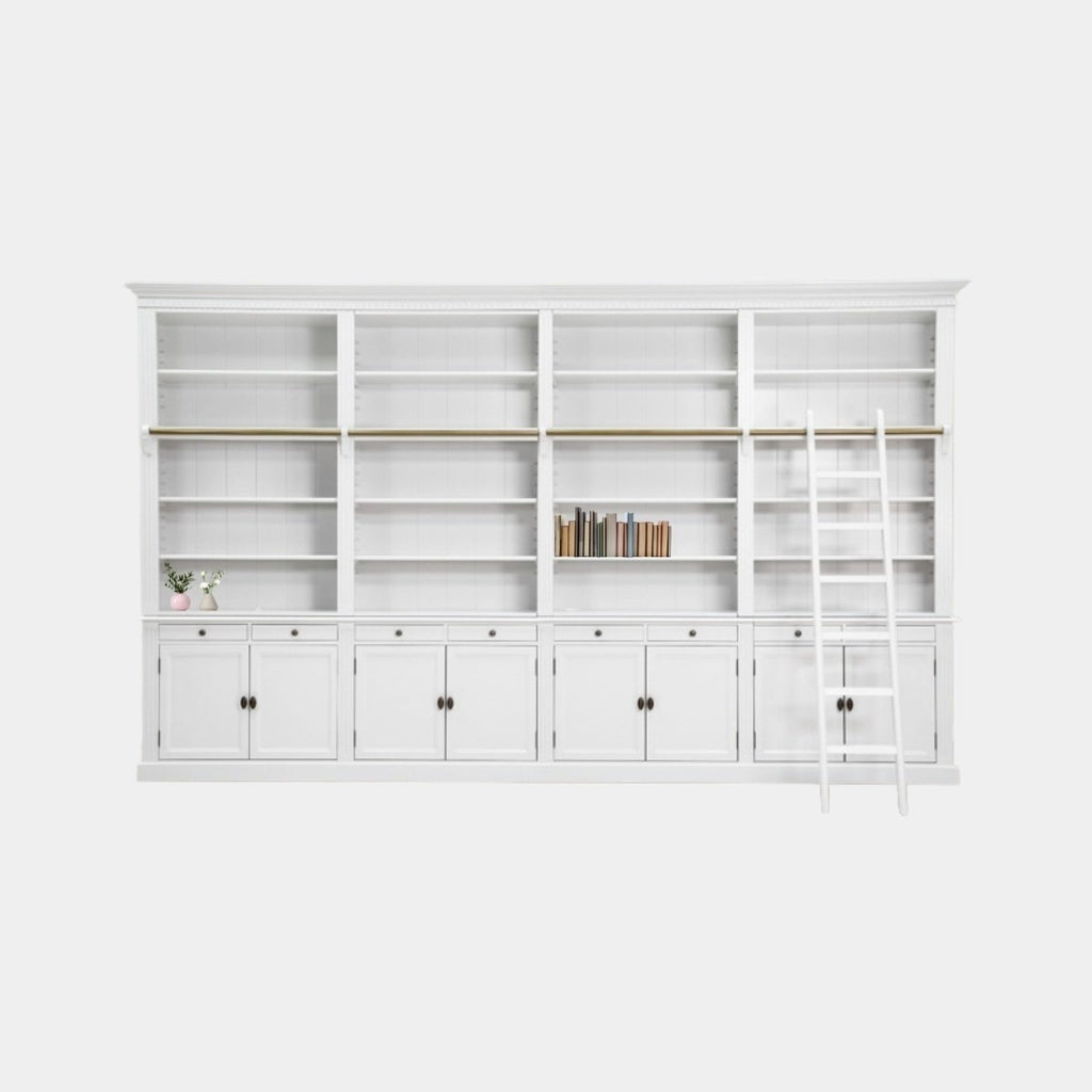 Privatbibliothek - Bücherregal - 400x43x240H cm - zerlegbar - mit Stange und Leiter - verstellbare Einlegeböden - 20 Einlegeböden - 8 Schubladen - 8 geschlossene Flügeltüren