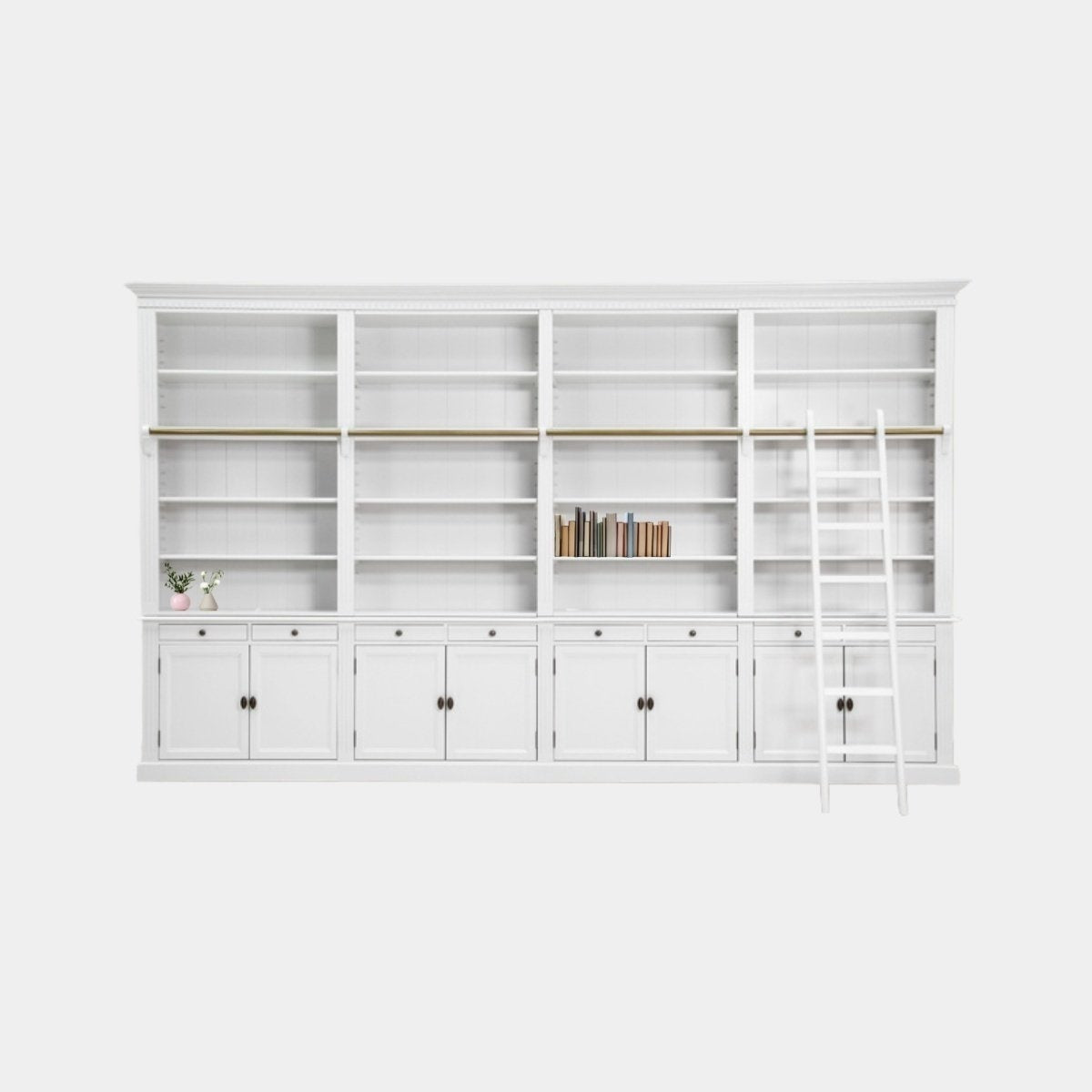 Privatbibliothek - Bücherregal - 400x43x240H cm - zerlegbar - mit Stange und Leiter - verstellbare Einlegeböden - 20 Einlegeböden - 8 Schubladen - 8 geschlossene Flügeltüren