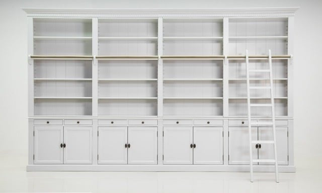 Privatbibliothek - Bücherregal - 400x43x240H cm - zerlegbar - mit Stange und Leiter - verstellbare Einlegeböden - 20 Einlegeböden - 8 Schubladen - 8 geschlossene Flügeltüren