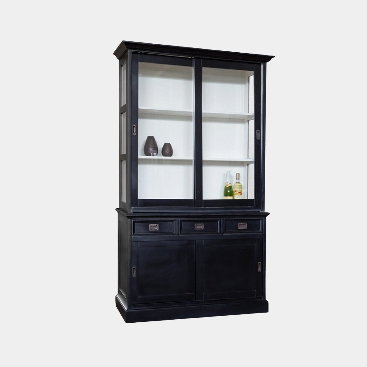 Buffetschrank Chateau - 125x45x215H cm - 2 Schiebetüren - 3 Soft-Close-Schubladen - 2 geschlossene Schiebetüren - Glasseiten