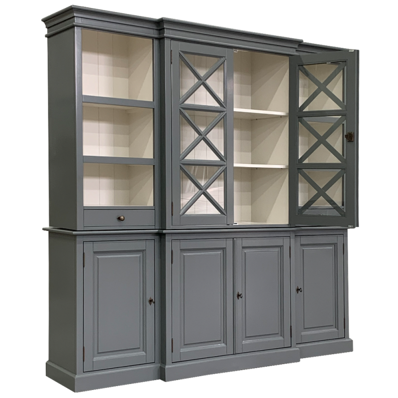 Buffetschrank San Marino - 220x50x215H cm - offene Fächer - 2 Vitrinentüren mit Kreuzen - 2 Soft-Close-Schubladen - 4 geschlossene Flügeltüren