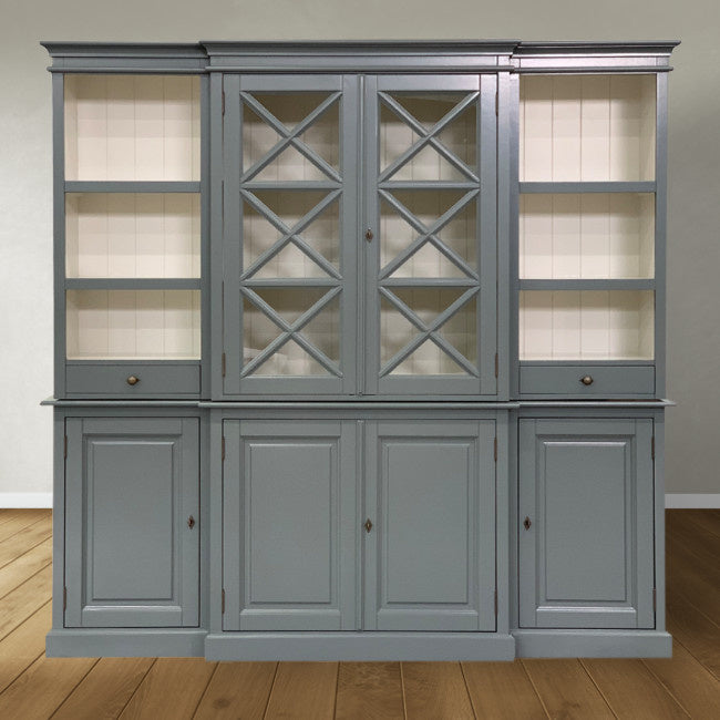 Buffetschrank San Marino - 220x50x215H cm - offene Fächer - 2 Vitrinentüren mit Kreuzen - 2 Soft-Close-Schubladen - 4 geschlossene Flügeltüren