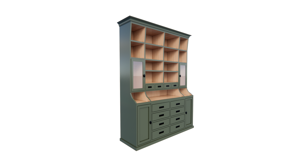 Buffetschrank Korfu - 200x40x240H cm - Innenausstattung aus Kiefernholz - 12 Schubladen mit Soft Close - 2 Vitrinentüren - 2 geschlossene Türen - offene Fächer