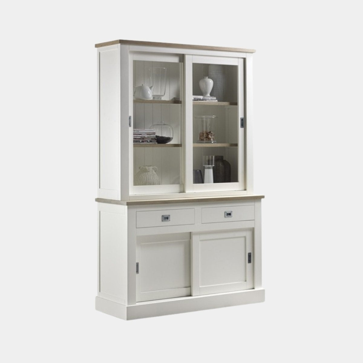 Buffetschrank Brooklyn 02 - 140x50x220H cm - mit Eichenplatte und Zwischenboden - 2 Soft-Close-Schubladen - 2 Schiebetüren für Vitrinen - 2 geschlossene Schiebetüren