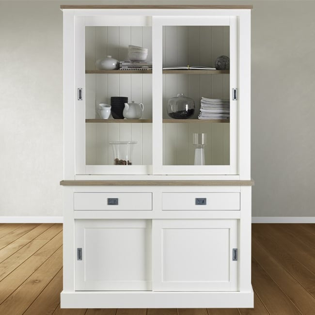 Buffetschrank Brooklyn 02 - 140x50x220H cm - mit Eichenplatte und Zwischenboden - 2 Soft-Close-Schubladen - 2 Schiebetüren für Vitrinen - 2 geschlossene Schiebetüren