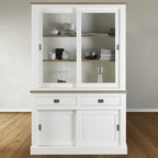 Buffetschrank Brooklyn 02 - 140x50x220H cm - mit Eichenplatte und Zwischenboden - 2 Soft-Close-Schubladen - 2 Schiebetüren für Vitrinen - 2 geschlossene Schiebetüren