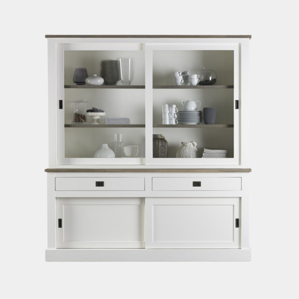 Buffetschrank Brooklyn 03 - 180x50x220H cm - schlichtes Design - Eichenplatte und Zwischenboden - 2 Glasschiebetüren - 2 Soft-Close-Schubladen - 2 geschlossene Flügeltüren