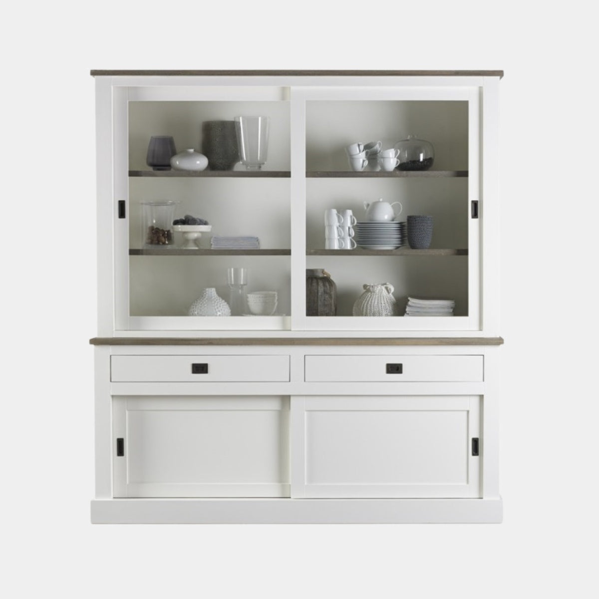 Buffetschrank Brooklyn 03 - 180x50x220H cm - schlichtes Design - Eichenplatte und Zwischenboden - 2 Glasschiebetüren - 2 Soft-Close-Schubladen - 2 geschlossene Flügeltüren