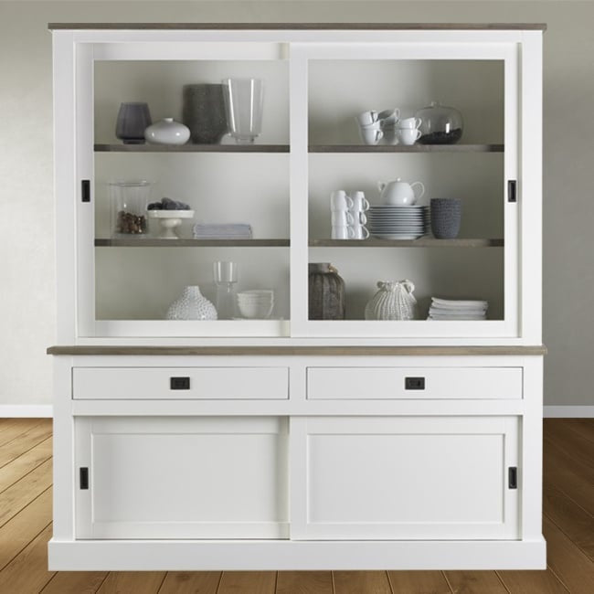Buffetschrank Brooklyn 03 - 180x50x220H cm - schlichtes Design - Eichenplatte und Zwischenboden - 2 Glasschiebetüren - 2 Soft-Close-Schubladen - 2 geschlossene Flügeltüren