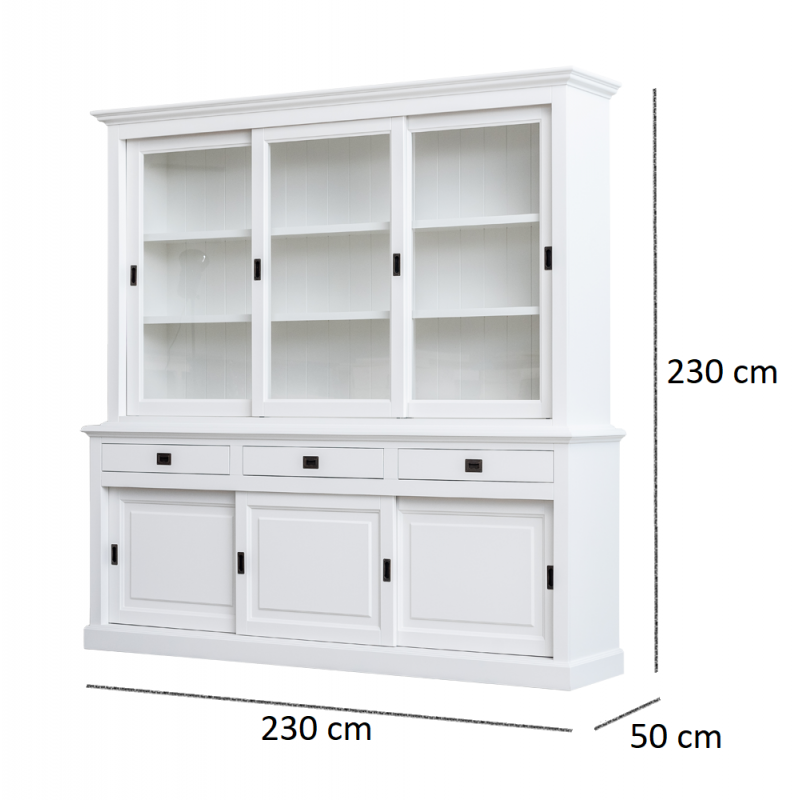 Buffetschrank Mexico - 230x50x230H cm - 3 Schiebetüren in der Vitrine - 3 Schubladen - 3 geschlossene Schiebetüren