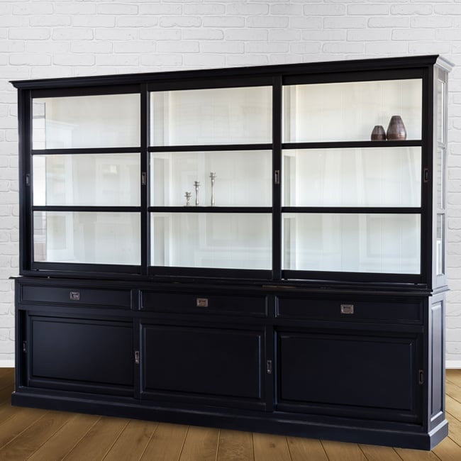Buffetschrank Miami Beach - 220x53x218H cm - 3 Schiebetüren für Vitrinen - 3 Schubladen - 3 geschlossene Schiebetüren - Glasseiten