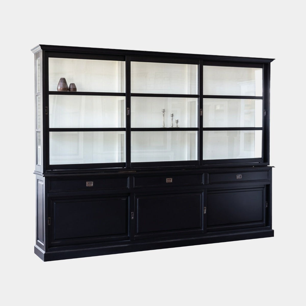 Buffetschrank Miami Beach - 240x53x218H cm - 3 Schiebetüren für Vitrinen - 3 Schubladen - 3 geschlossene Schiebetüren - Glasseiten